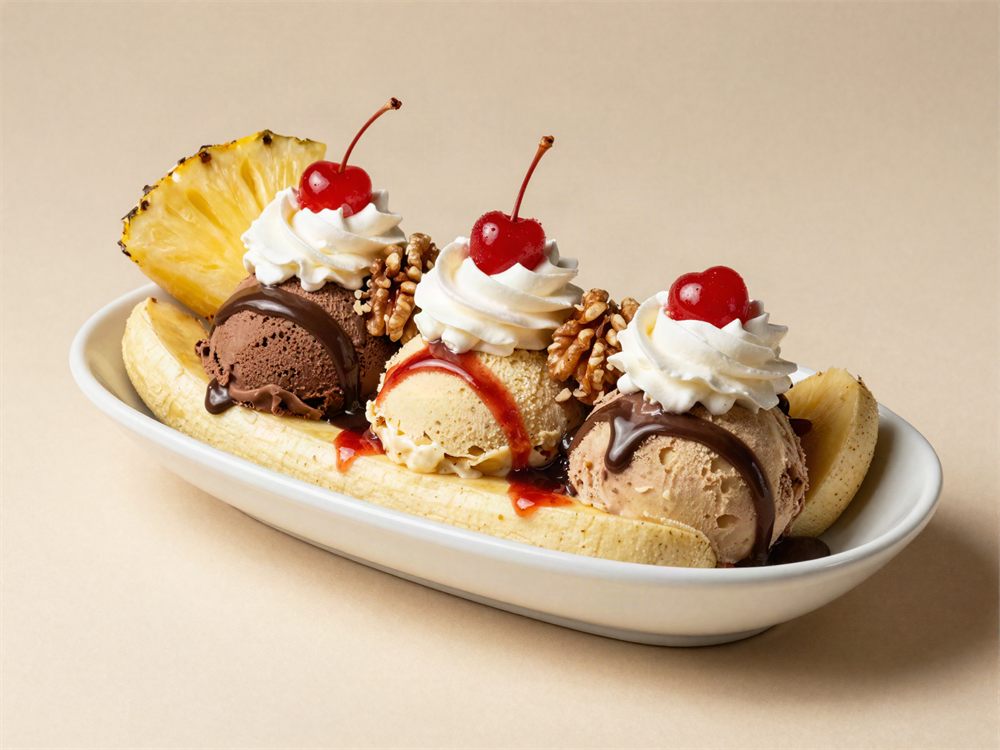 A classic banana split with three scoops, syrups, whipped cream and cherries.