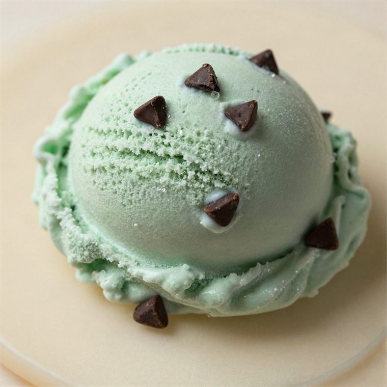 A scoop of mint chocolate chip ice cream.