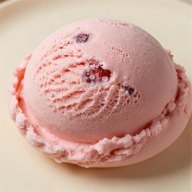 A scoop of strawberry ice cream with real fruit in it.