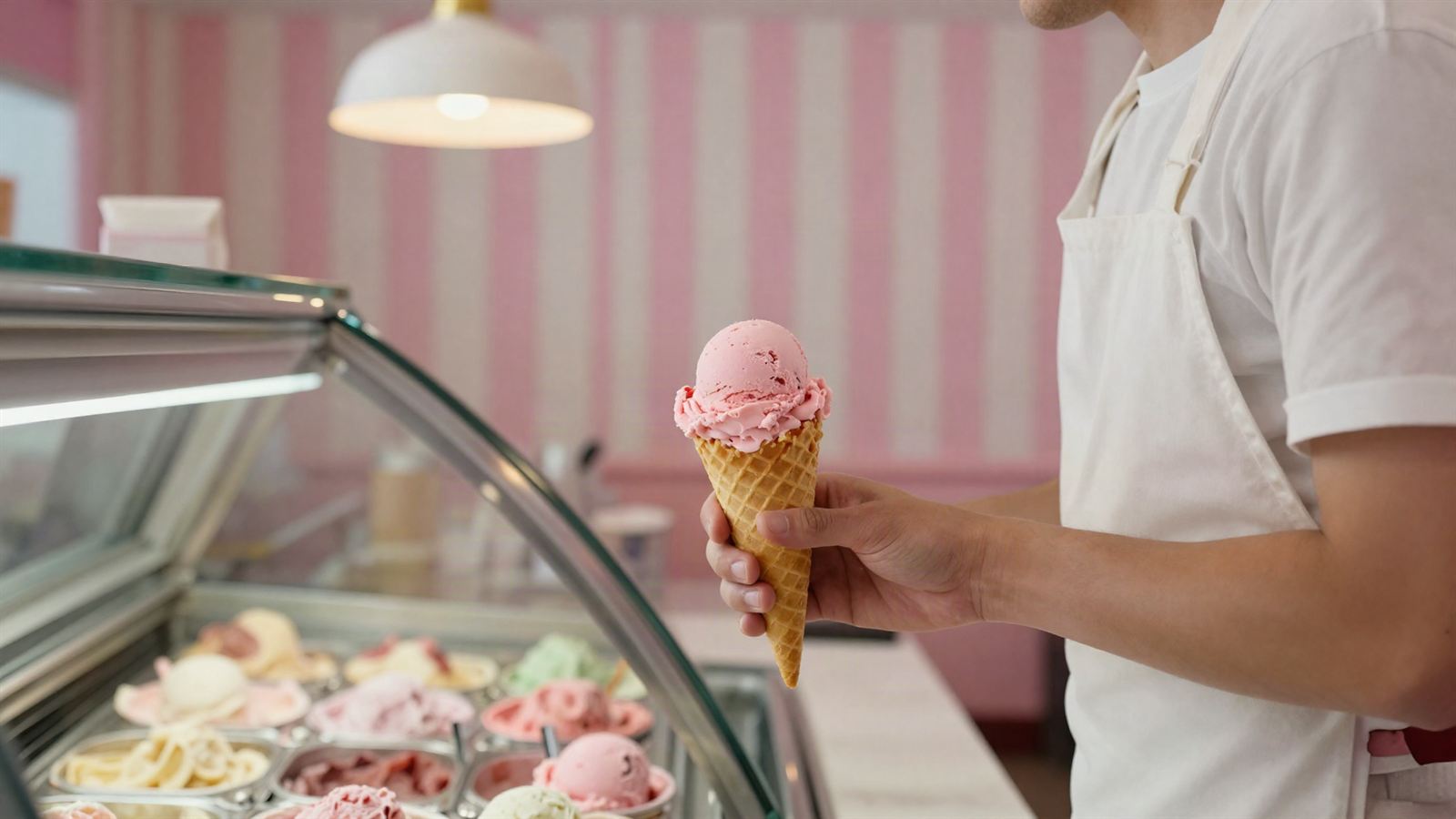 A server in a white apron holding a fresh strawberry waffle cone beside the dipping cabinet.