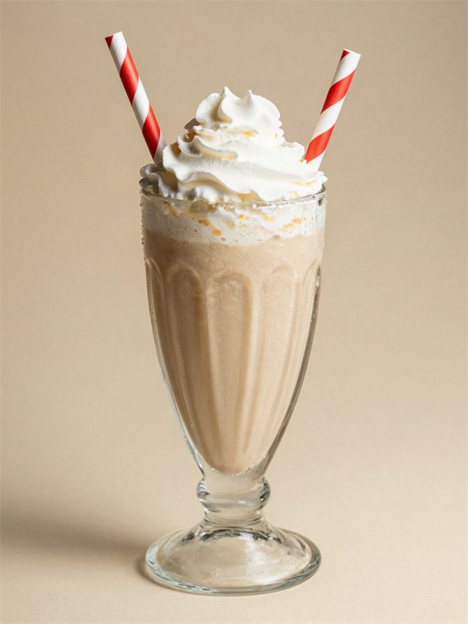 A thick malt in a tall fluted soda fountain glass with striped paper straws.