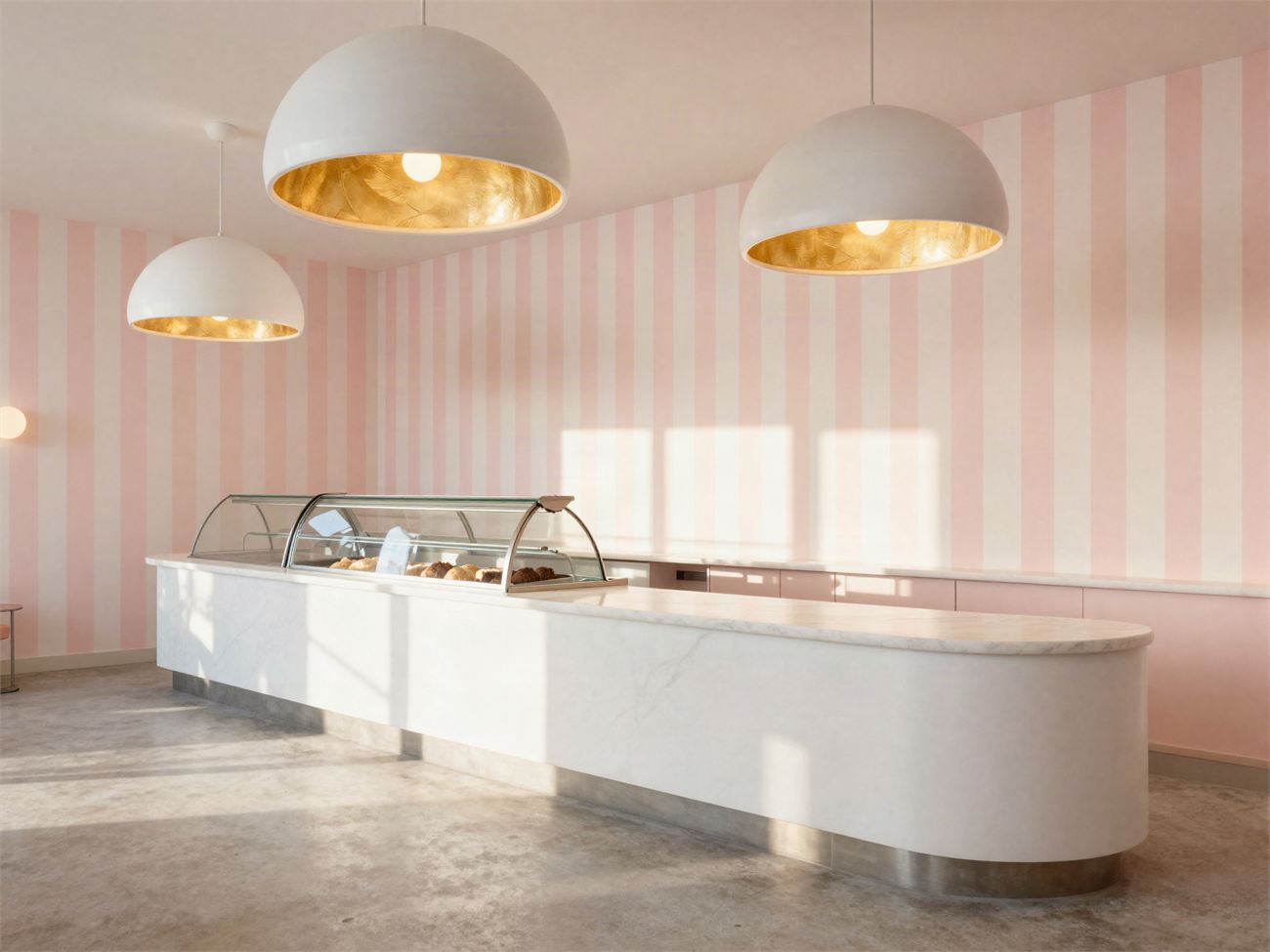 The parlor: pink and white striped walls, gold-lined dome pendants and a long marble counter.