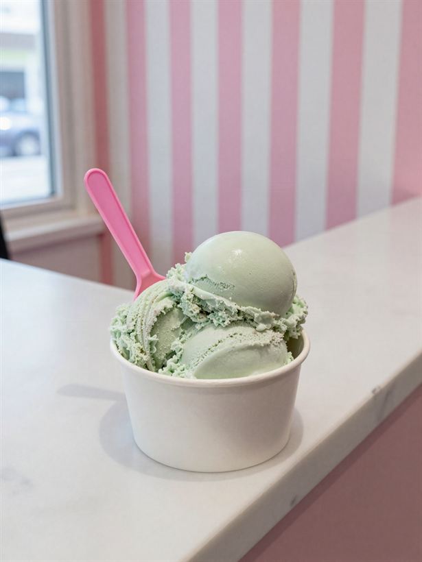 Two scoops of mint ice cream in a paper cup on the marble counter.