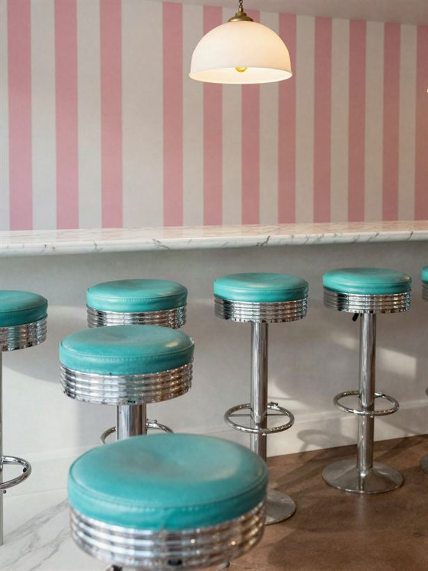 Teal soda-fountain stools lined up at the marble counter under a gold dome lamp.