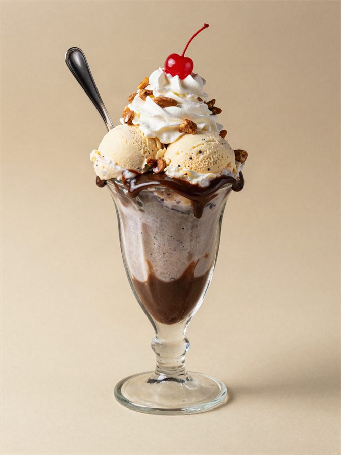 A hot fudge sundae in a fluted tulip glass with whipped cream, almonds and a cherry.