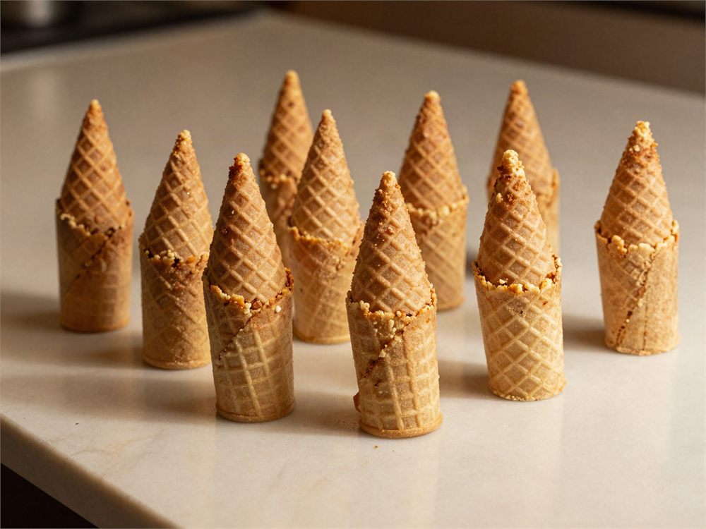 Freshly pressed golden waffle cones cooling on a marble counter.
